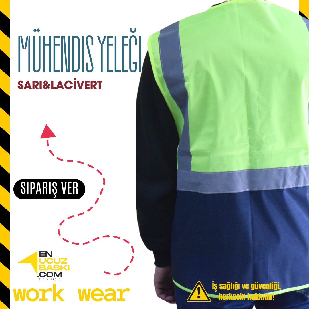 Baskılı Mühendis İkaz Yeleği Sarı - Lacivert - İş Kıyafeti