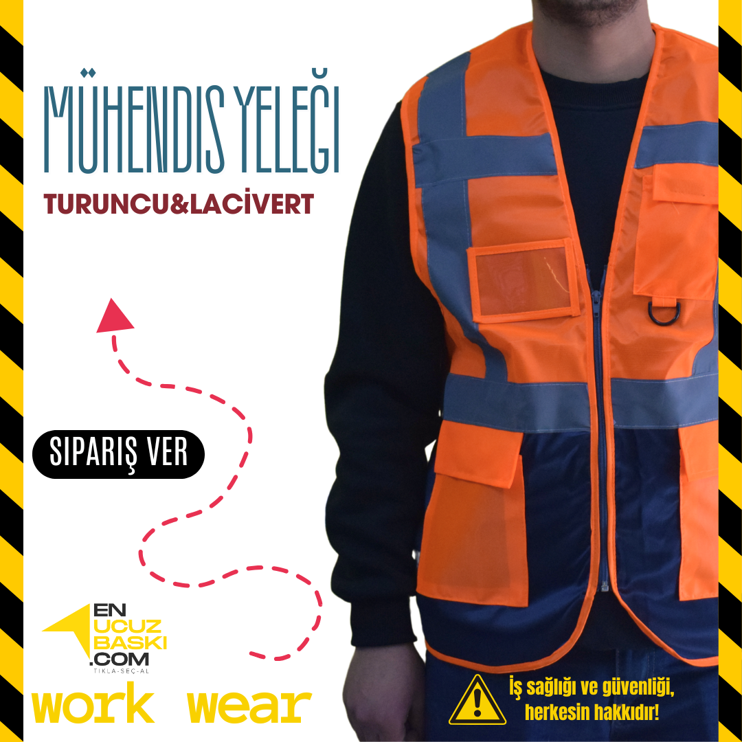 Baskılı Mühendis İkaz Yeleği Turuncu - Lacivert - İş Kıyafeti