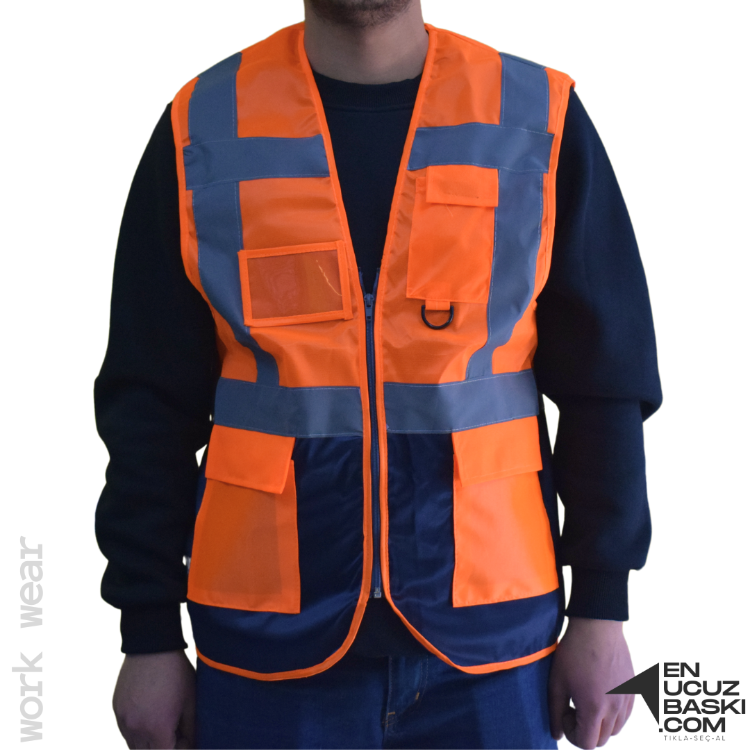 Baskılı Mühendis İkaz Yeleği Turuncu - Lacivert - İş Kıyafeti