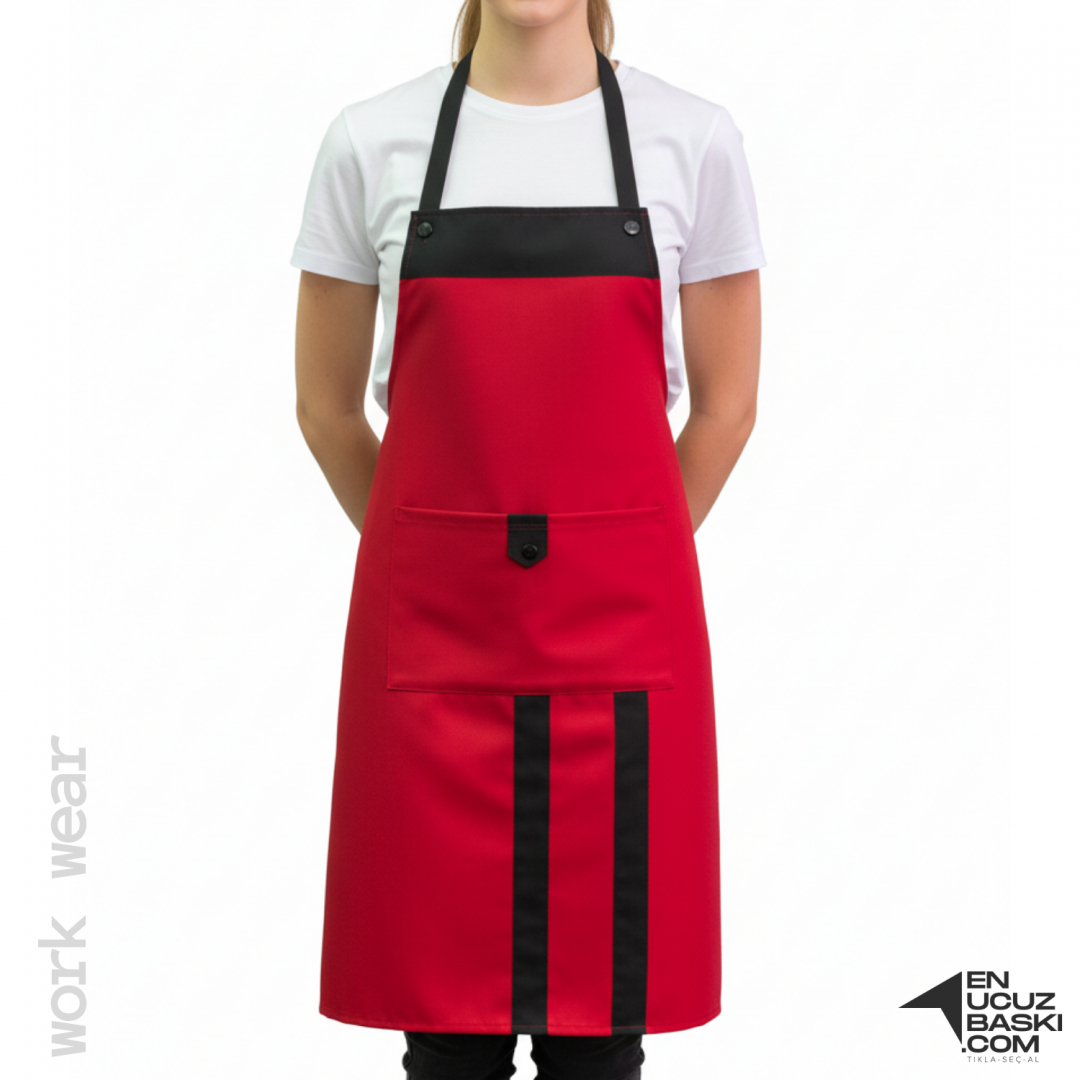 Baskılı Mutfak Aşçı Önlük Kırmızı - Siyah - İş Kıyafeti