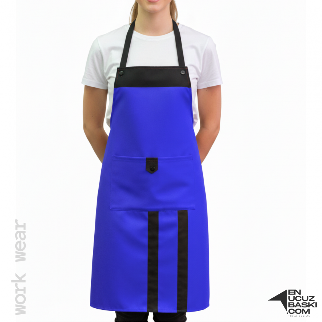 Baskılı Mutfak Aşçı Önlük Mavi - Siyah - İş Kıyafeti