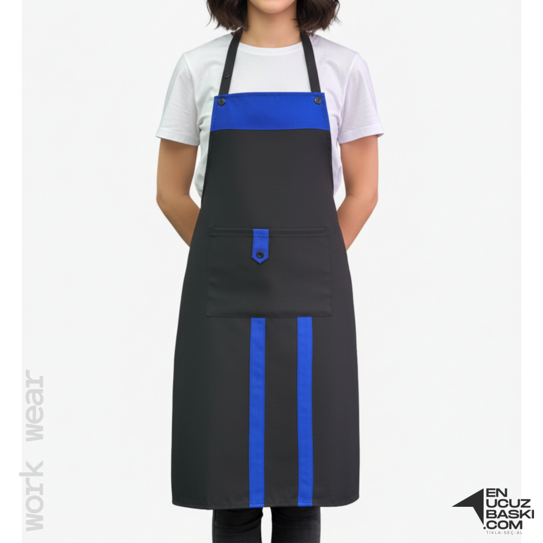 Baskılı Mutfak Aşçı Önlük Siyah - Mavi - İş Kıyafeti