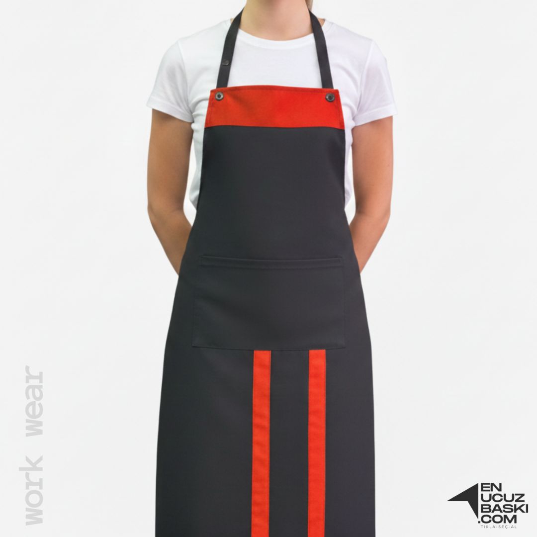 Baskılı Mutfak Aşçı Önlük Siyah - Turuncu - İş Kıyafeti