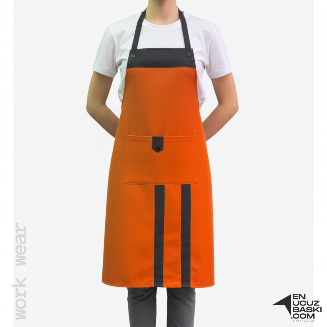 Baskılı Mutfak Aşçı Önlük Turuncu - Siyah - İş Kıyafeti