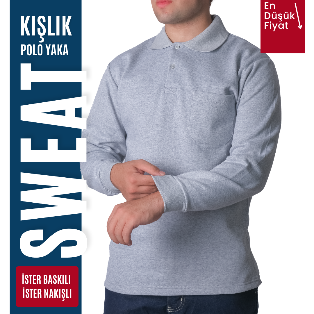 Baskılı Polo Yaka Sweat Gri