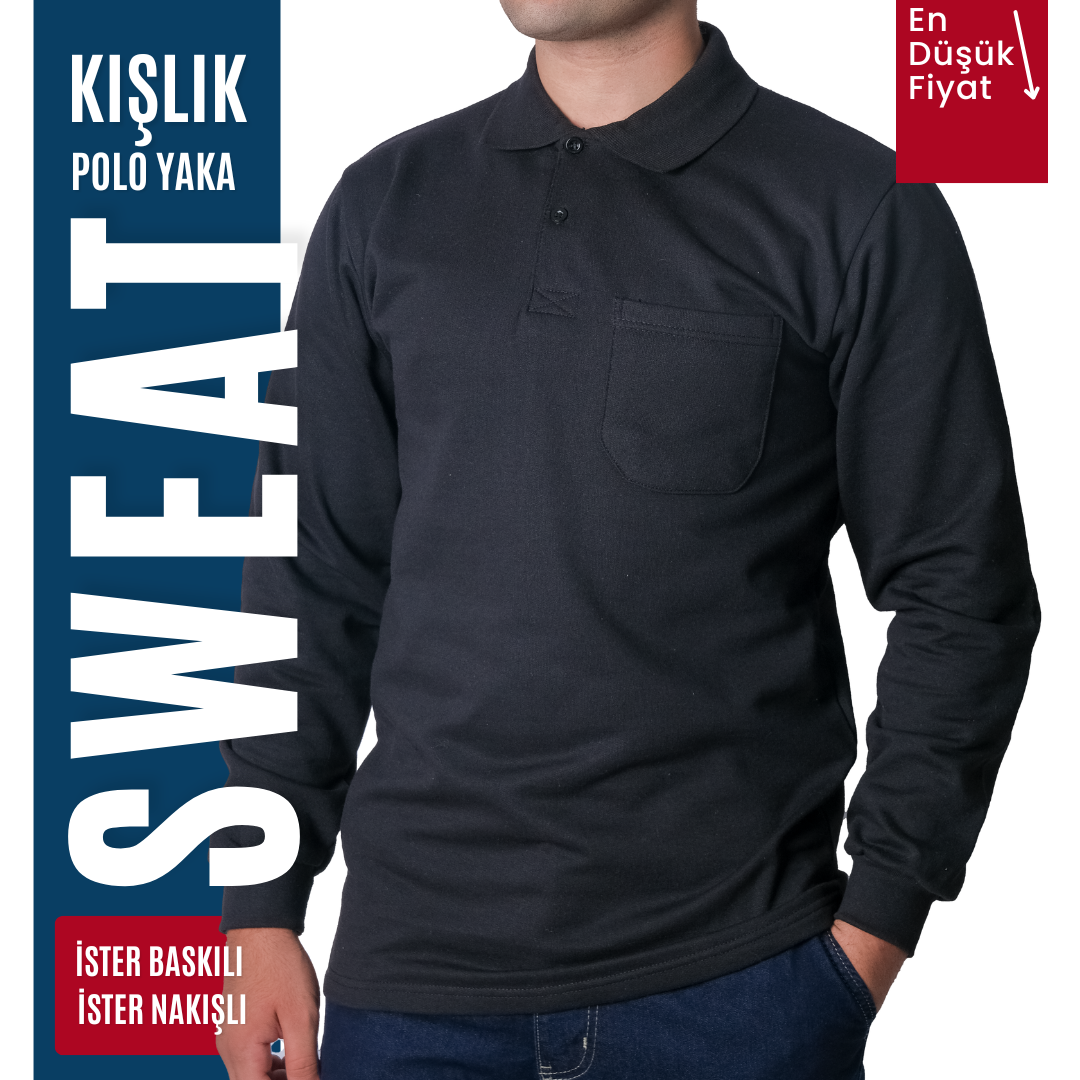 Baskılı Polo Yaka Sweat Siyah Baskılı Polo Yaka Sweat Siyah