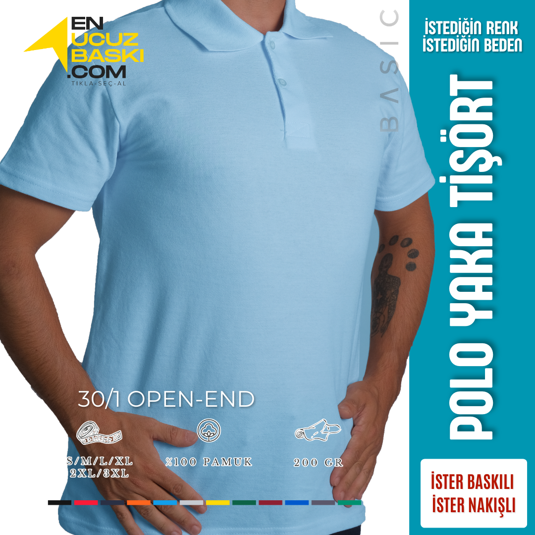 Baskılı Polo Yaka Tişört Basic Bebe Mavisi