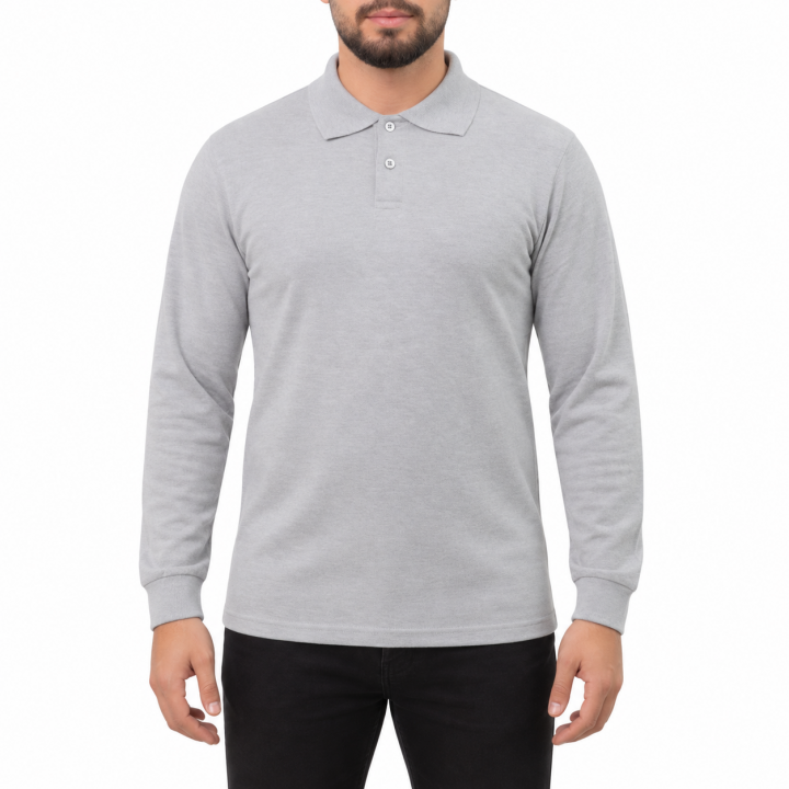 Baskılı Polo Yaka Uzun Kol T-shirt Gri - Premium