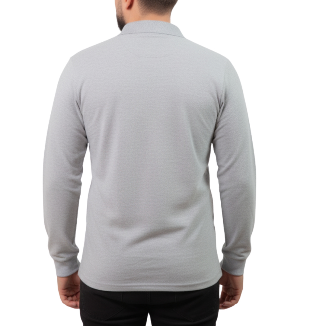 Baskılı Polo Yaka Uzun Kol T-shirt Gri - Basic