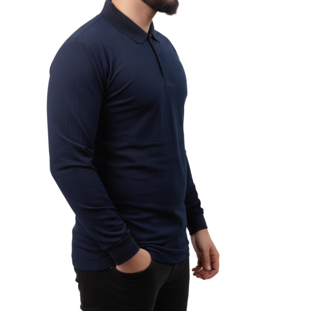 Baskılı Polo Yaka Uzun Kol T-shirt Lacivert - Basic