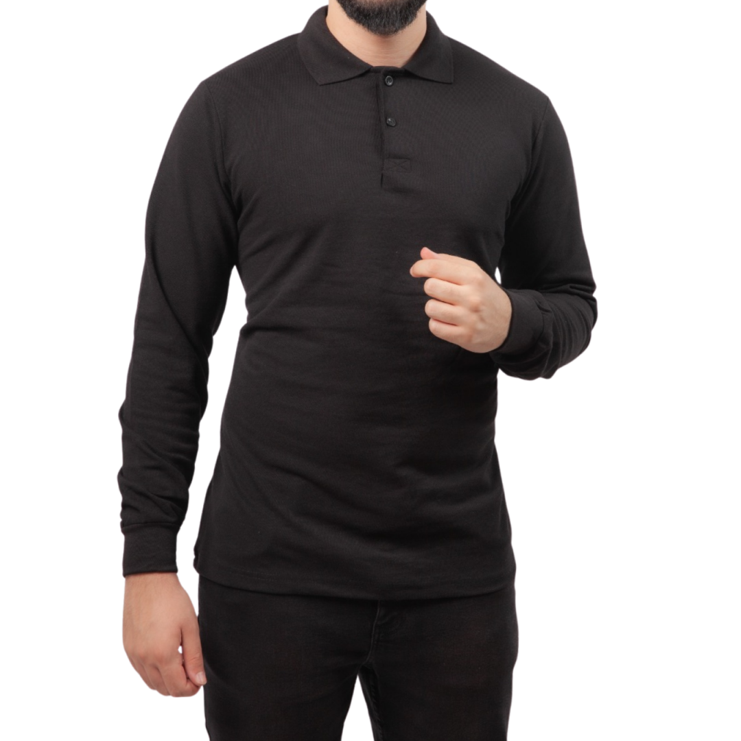 Baskılı Polo Yaka Uzun Kol T-shirt Siyah - Basic
