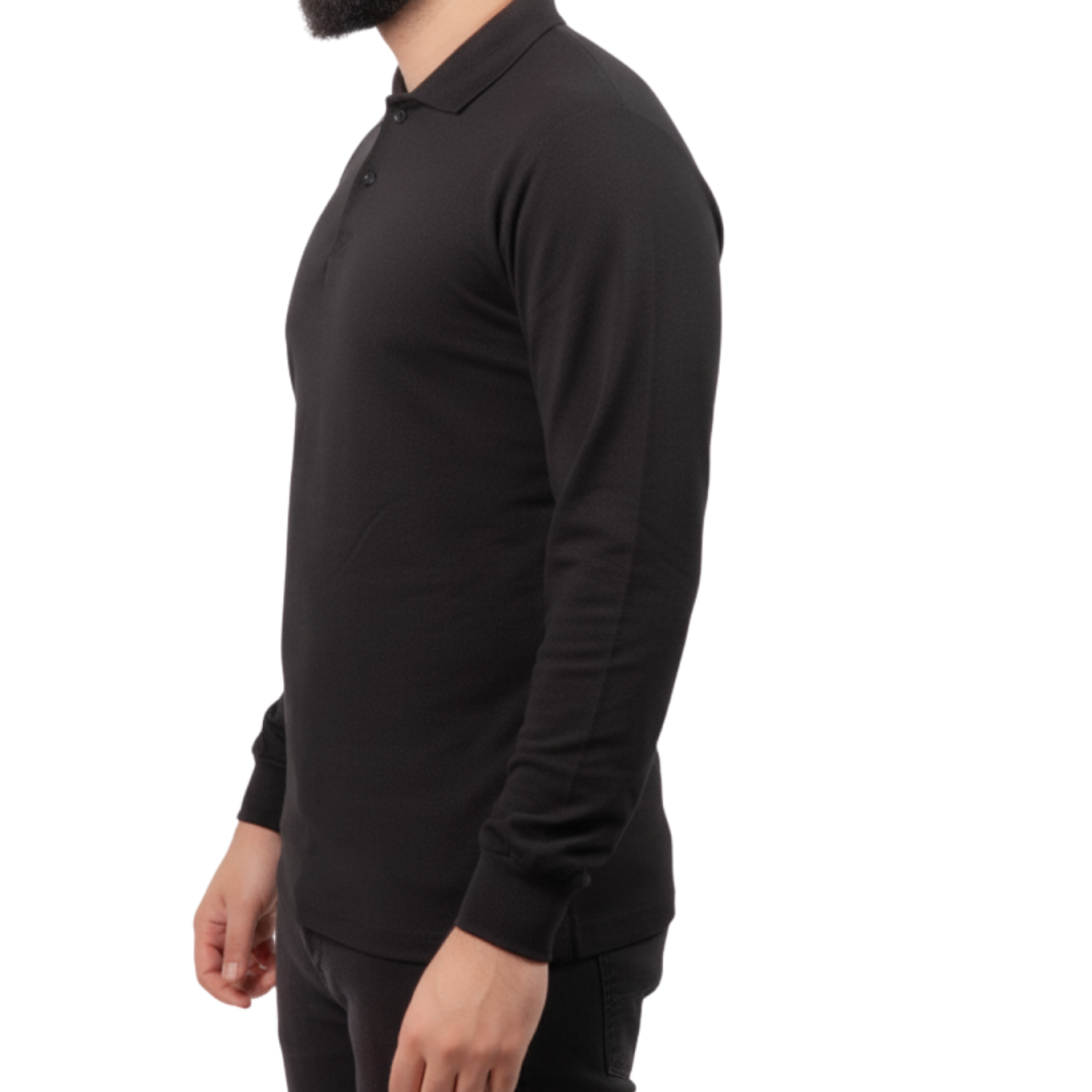 Baskılı Polo Yaka Uzun Kol T-shirt Siyah - Basic