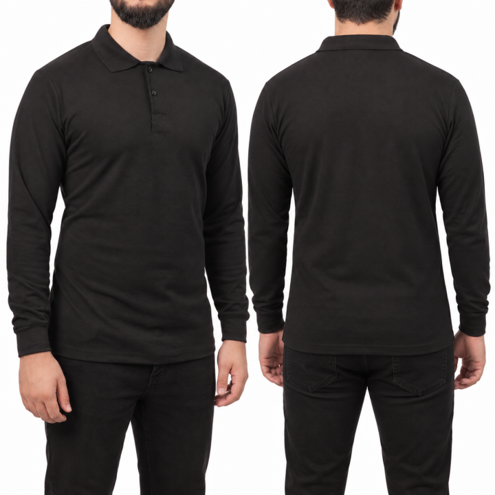 Baskılı Polo Yaka Uzun Kol T-shirt Siyah - Premium