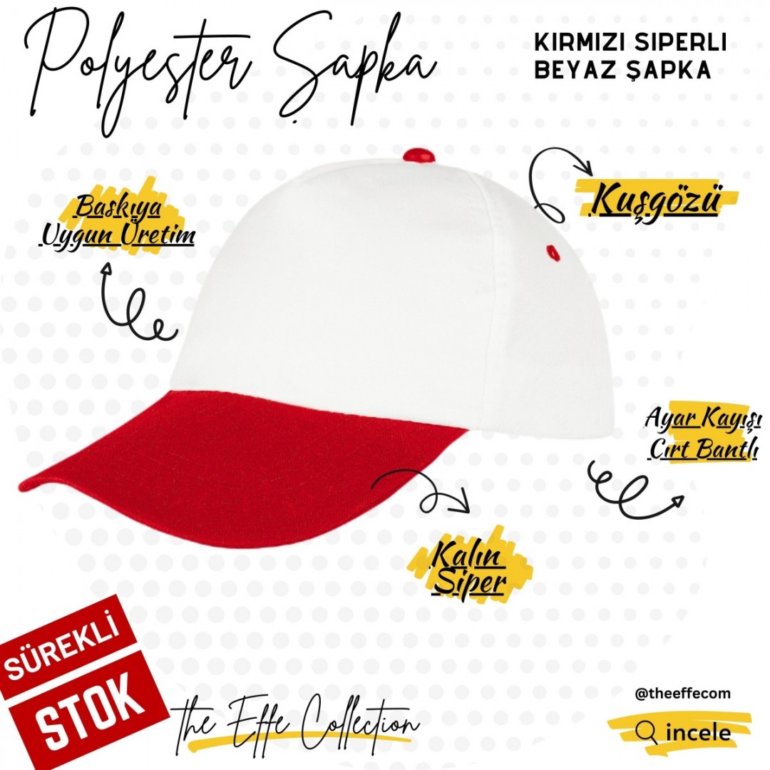 Baskılı Polyester Şapka Kırmızı Siperli Beyaz