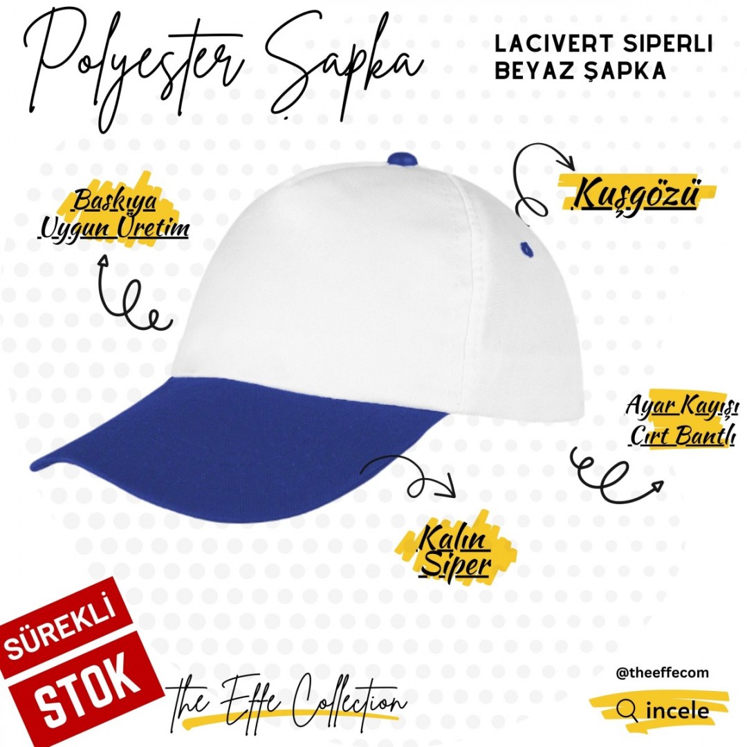 Baskılı Polyester Şapka Lacivert Siperli Beyaz
