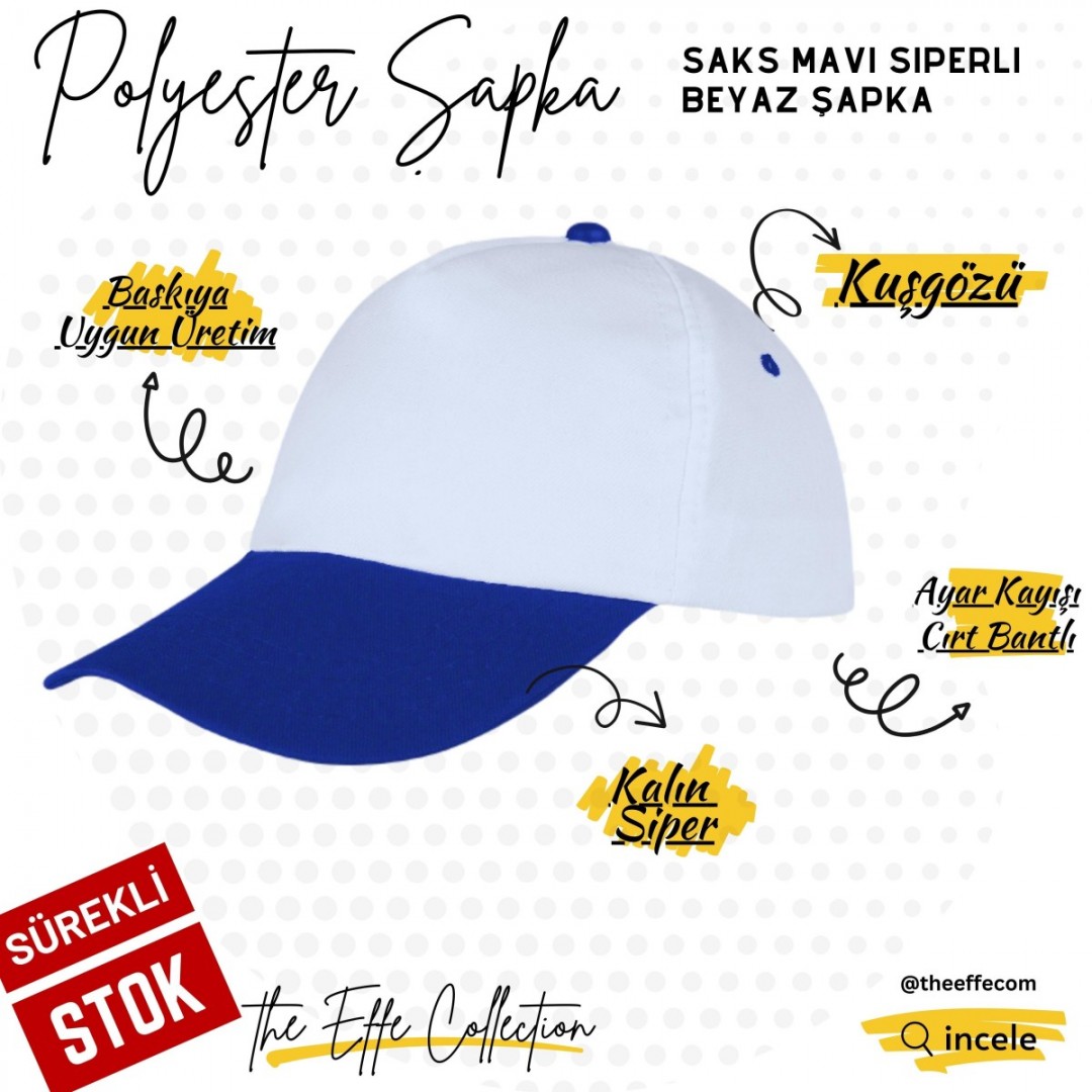 Baskılı Polyester Şapka Saks Mavi Siperli Beyaz
