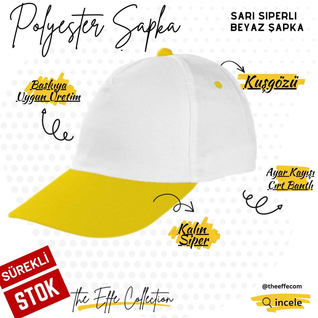 Baskılı Polyester Şapka Sarı Siperli Beyaz