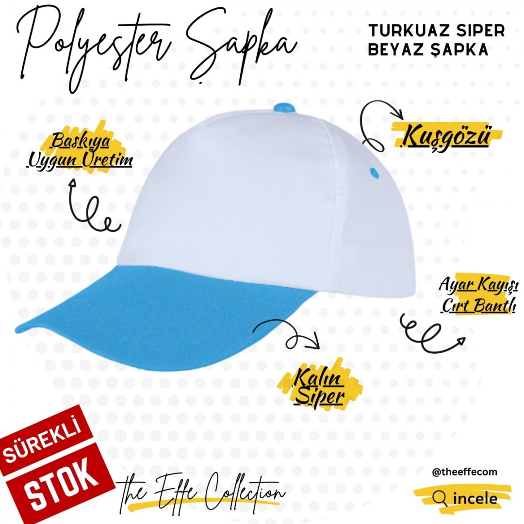 Baskılı Polyester Şapka Turkuaz Siperli Beyaz