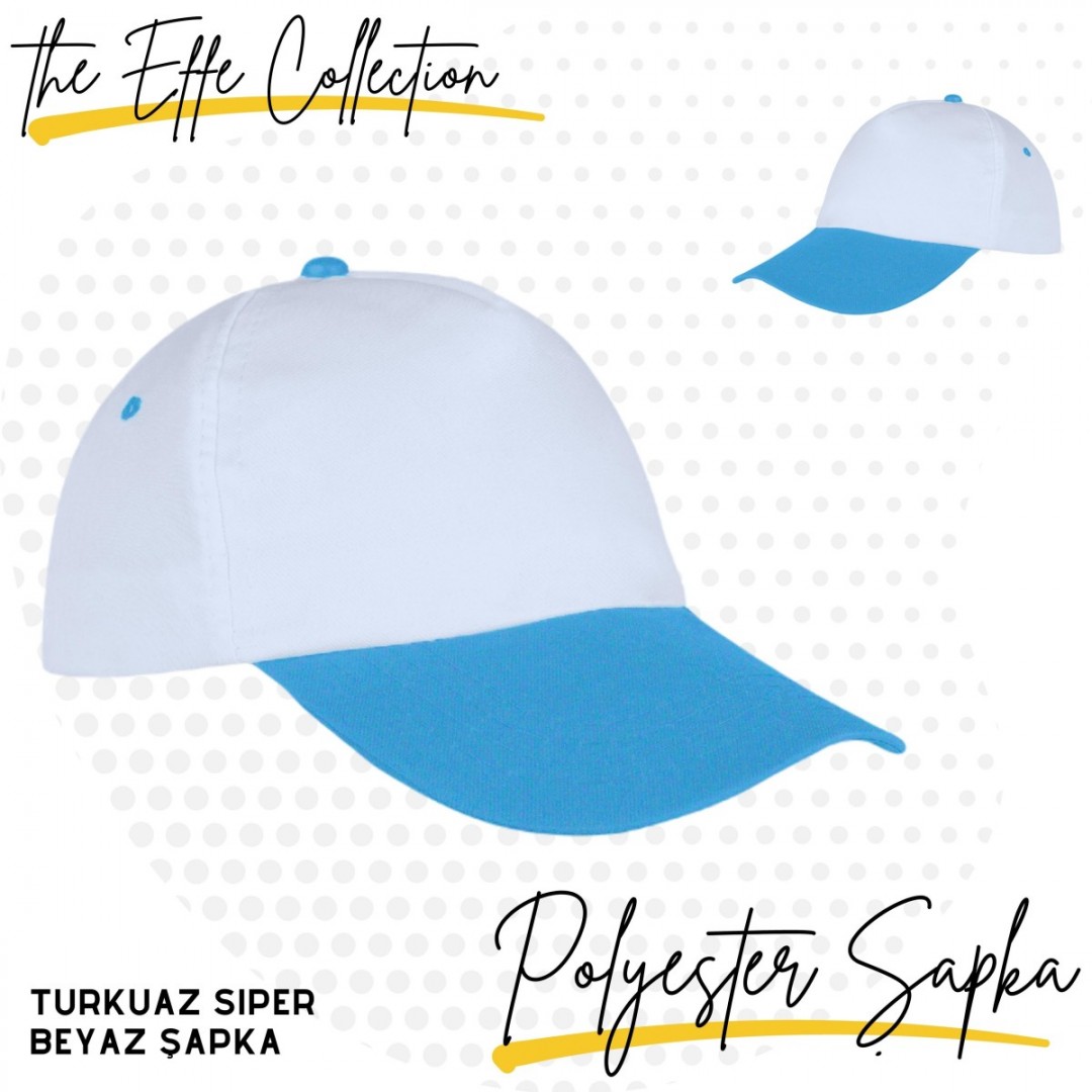 Baskılı Polyester Şapka Turkuaz Siperli Beyaz