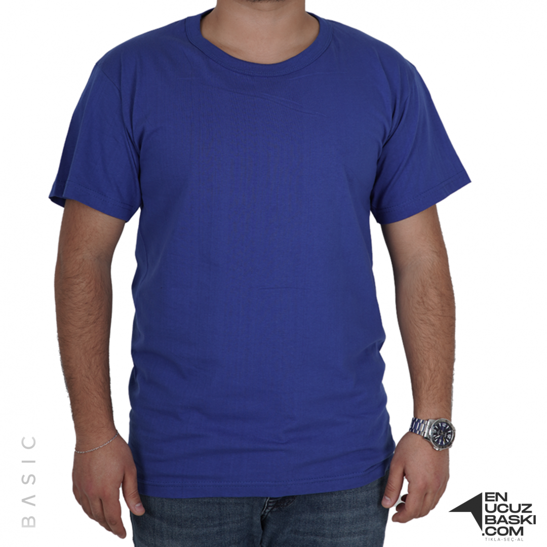 Baskılı Sıfır Yaka Basic Tişört Saks Mavi