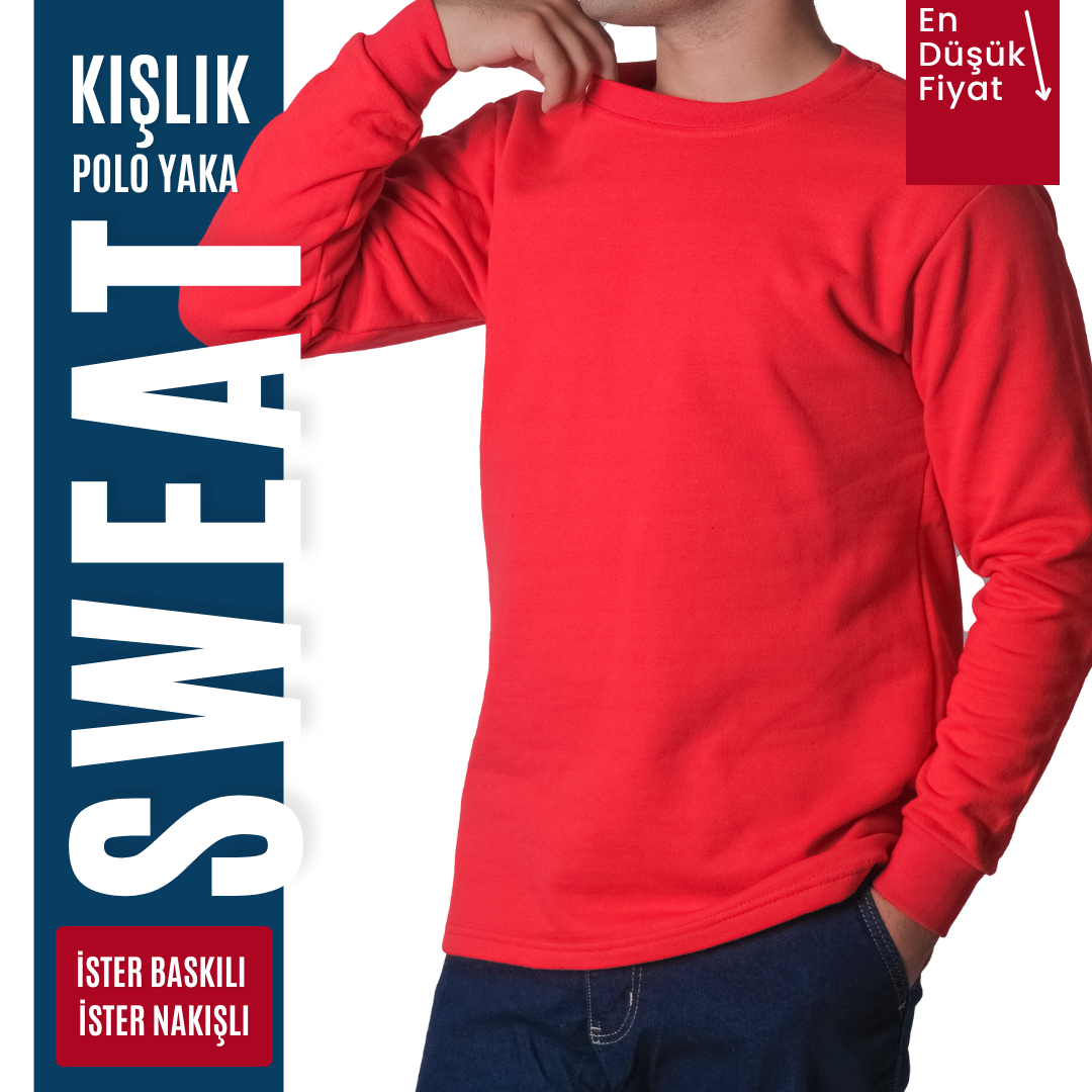 Baskılı Sıfır Yaka Sweat Kırmızı