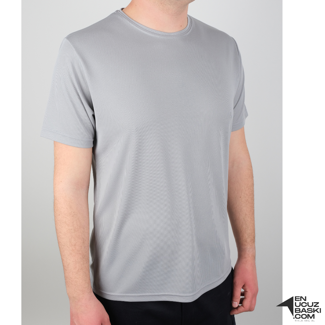 Baskılı Sıfır Yaka T-shirt Gri - Dry Touch