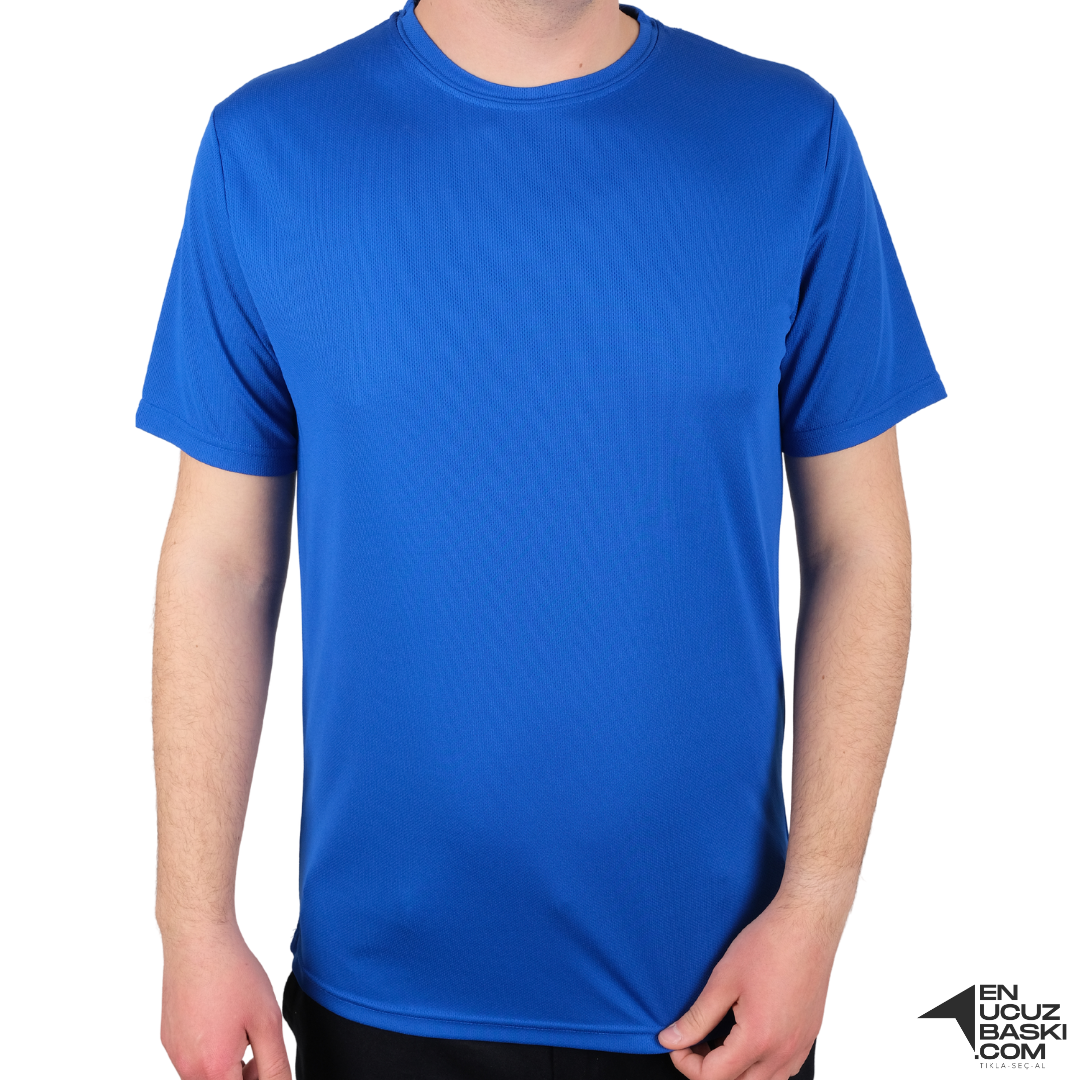 Baskılı Sıfır Yaka T-shirt Saks Mavi - Dry Touch