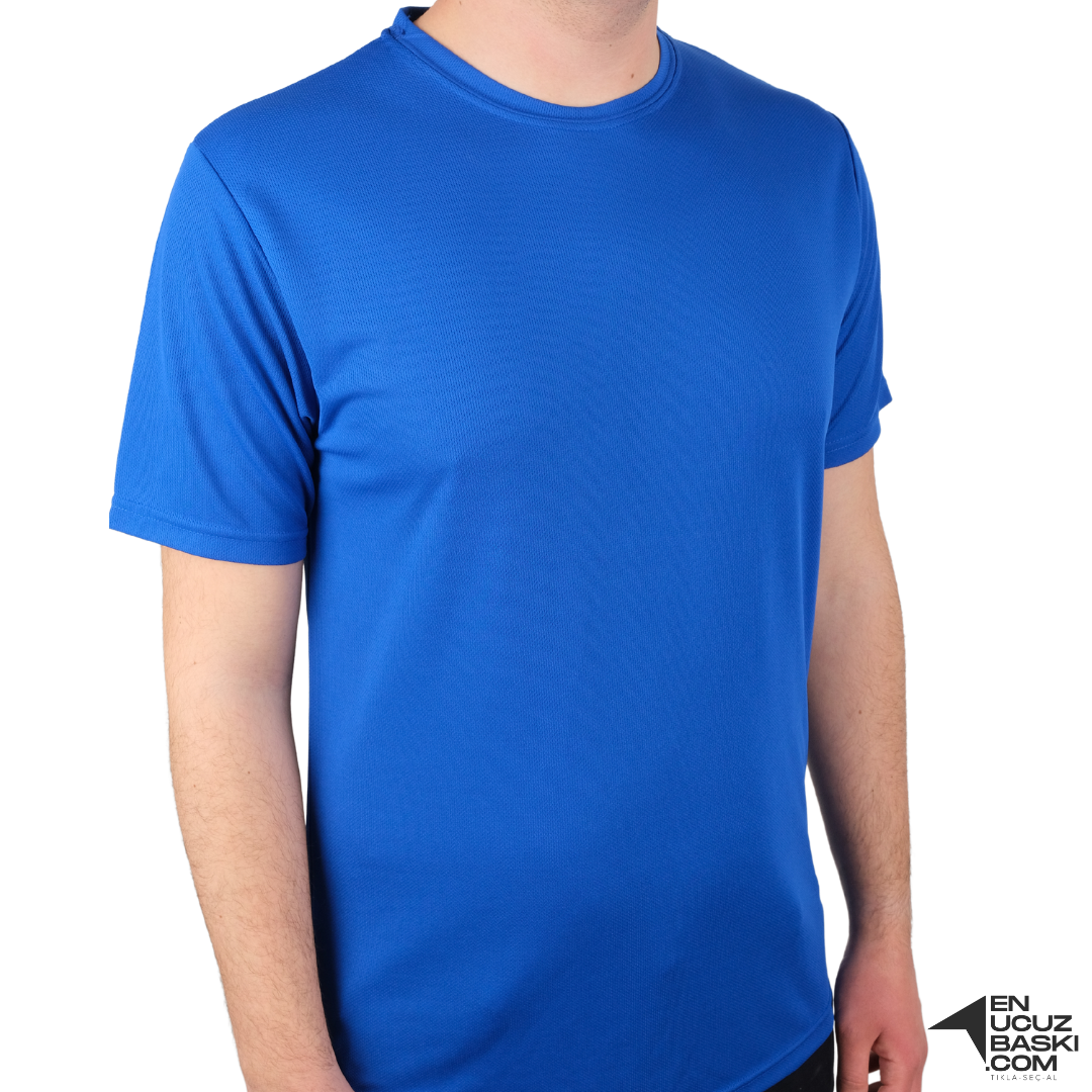 Baskılı Sıfır Yaka T-shirt Saks Mavi - Dry Touch
