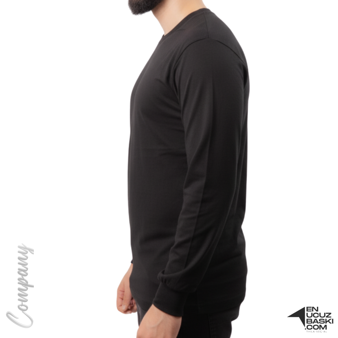Baskılı Sıfır Yaka Uzun Kol T-shirt Siyah - Company