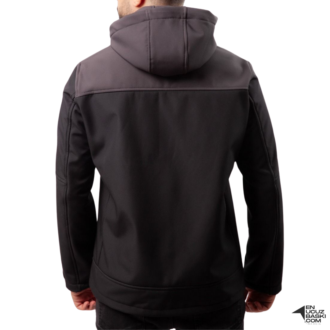 Baskılı Softshell Mont Kapşonlu / Gri Siyah -  İş Kıyafeti