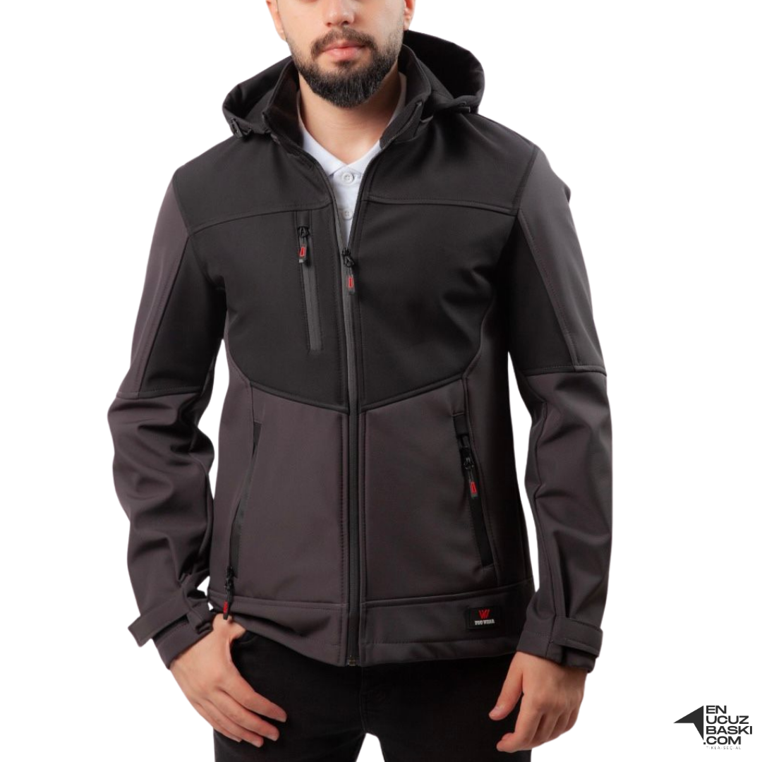 Baskılı Softshell Mont Kapşonlu / Siyah Gri -  İş Kıyafeti