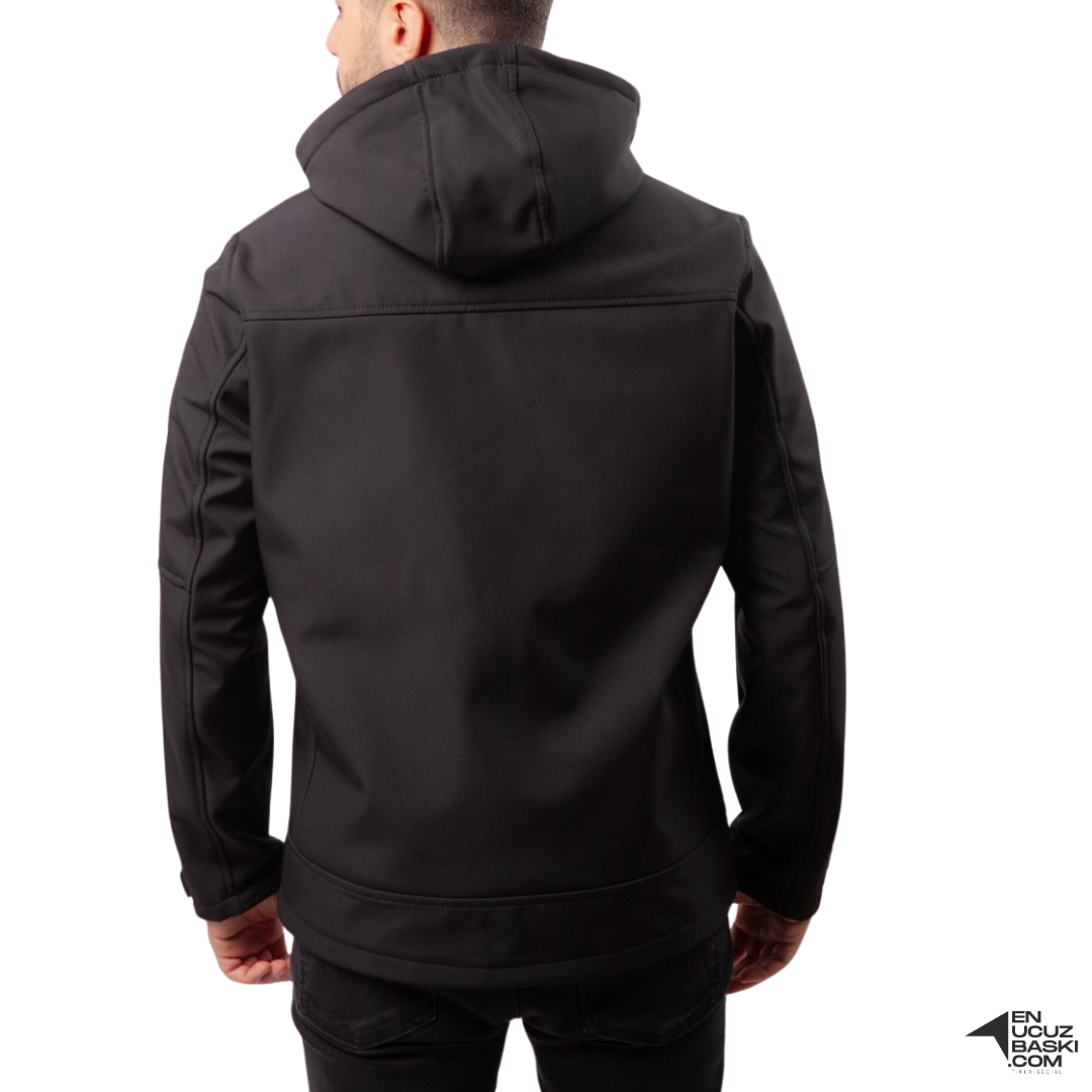 Baskılı Softshell Mont Kapşonlu / Siyah-  İş Kıyafeti