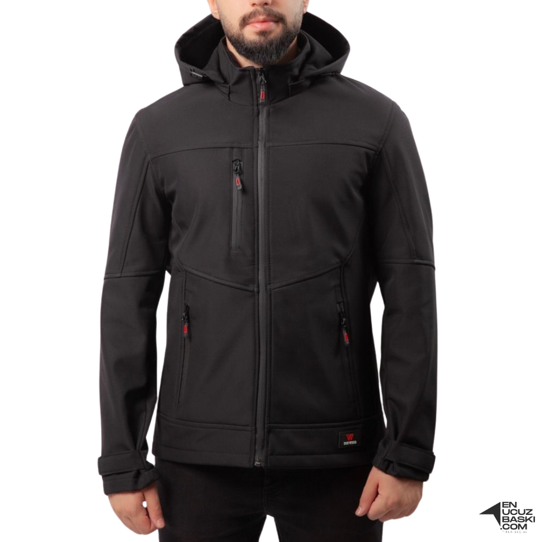 Baskılı Softshell Mont Kapşonlu / Siyah-  İş Kıyafeti