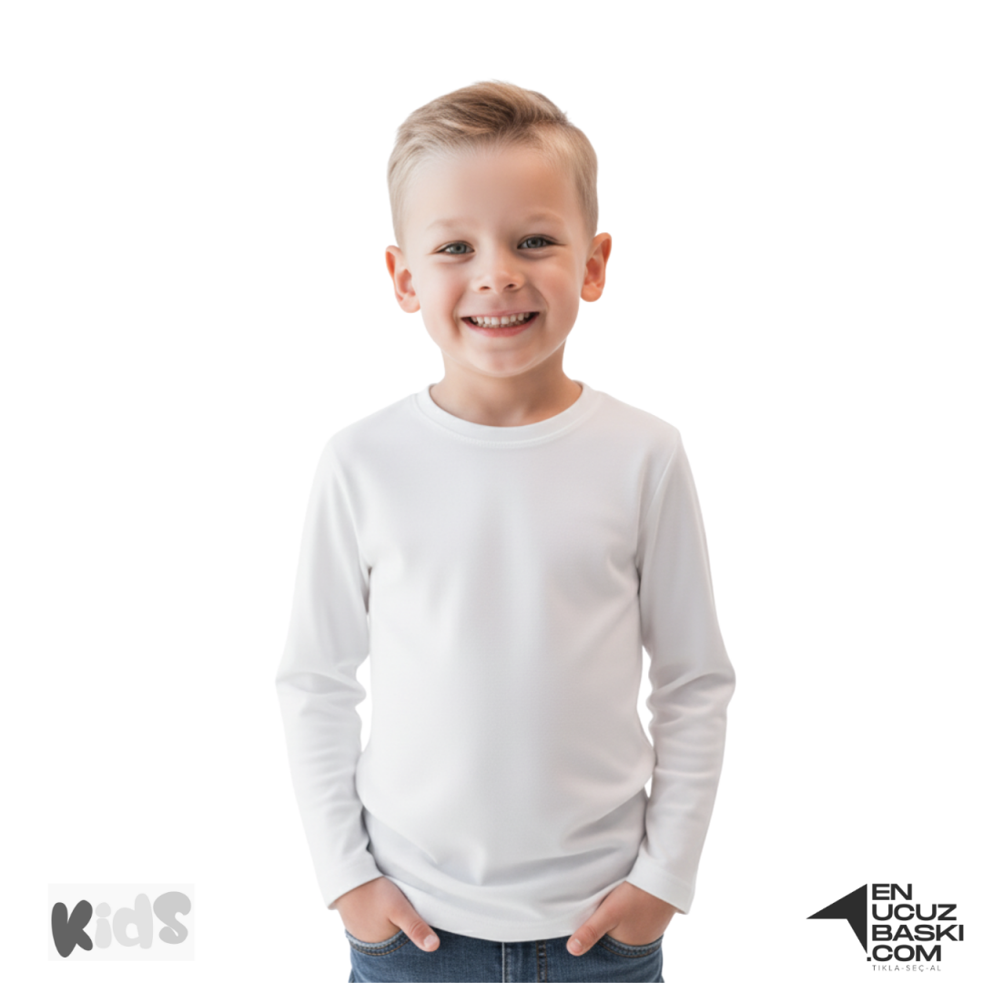 Sıfır Yaka Tişört Çocuk Uzun Kollu Beyaz Sıfır Yaka Tişört Çocuk Uzun Kollu Beyaz