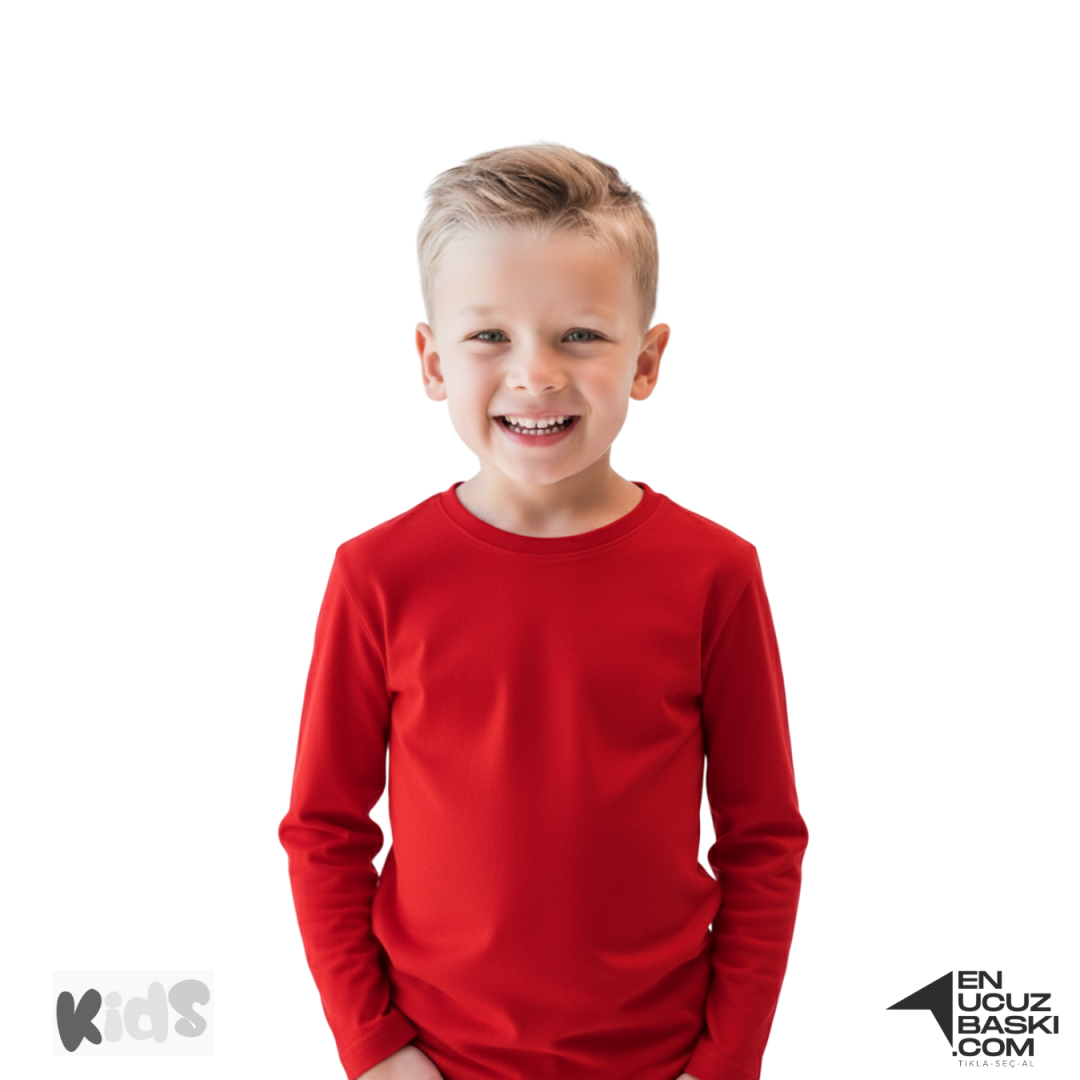 Sıfır Yaka Tişört Çocuk Uzun Kollu Kırmızı