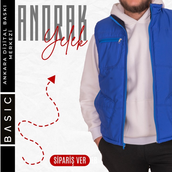 Basic Anorak Yelek 3 Cepli Saks Mavi