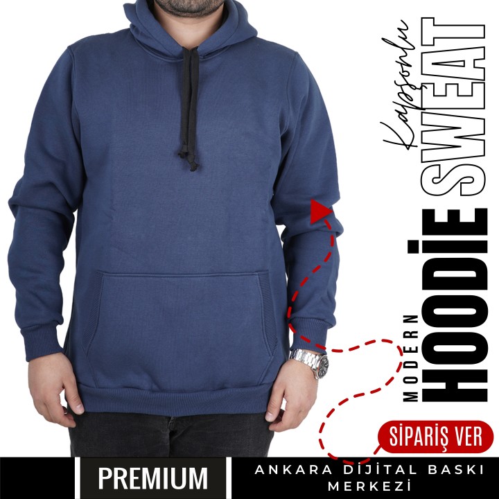 Basic Ktl 19 Kapşonlu İndigo Mavi Sweatshirt