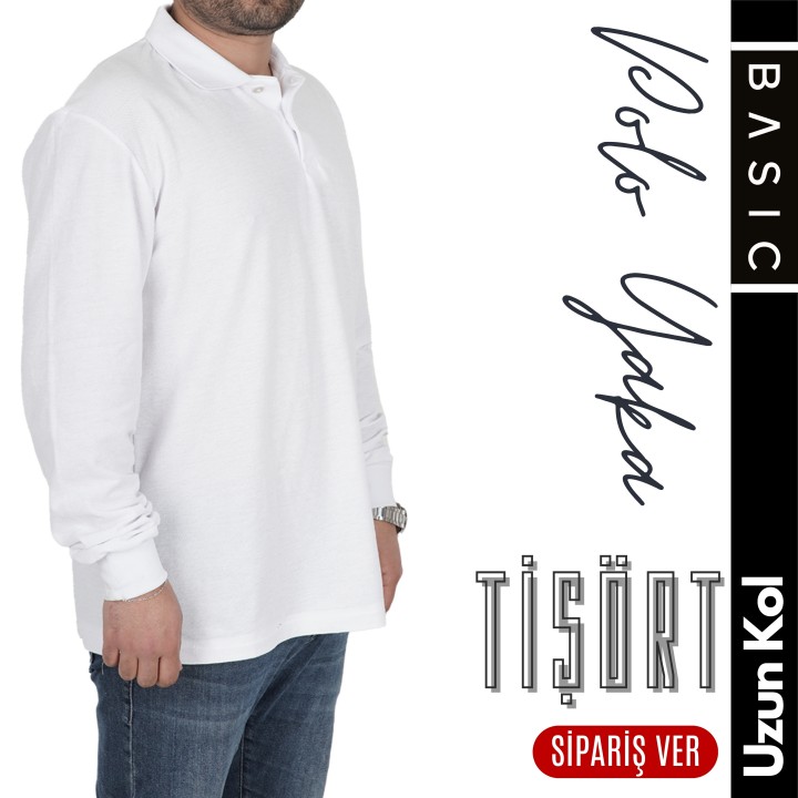 Basic Polo Yaka Tişört Uzun Kol Beyaz