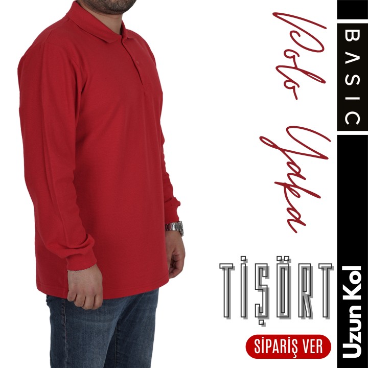 Basic Polo Yaka Tişört Uzun Kol Kımızı