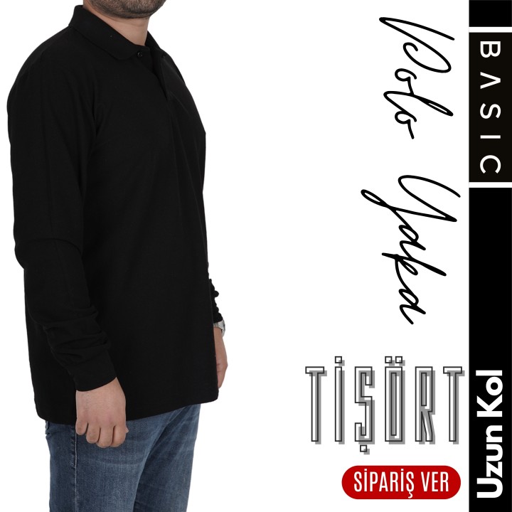 Basic Polo Yaka Tişört Uzun Kol Siyah