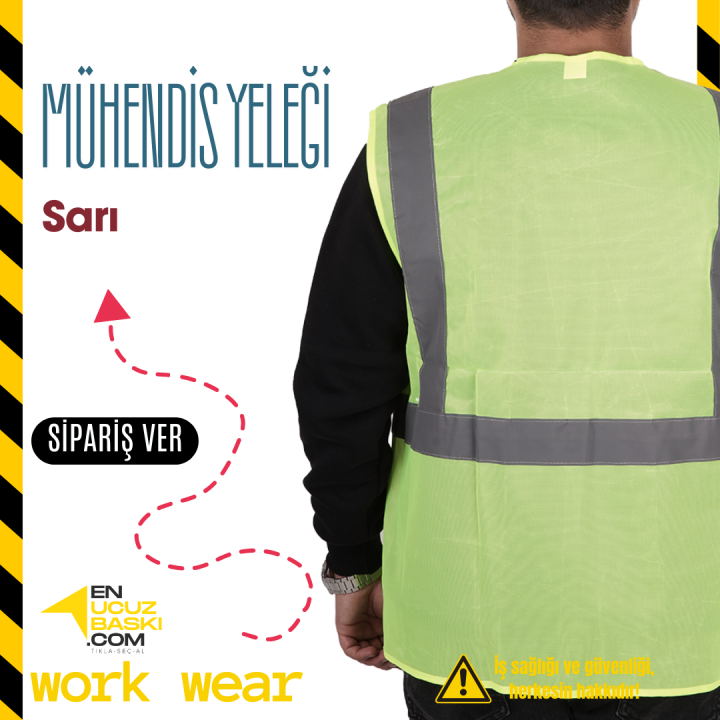 Baskılı Mühendis İkaz Yeleği Sarı - İş Kıyafeti