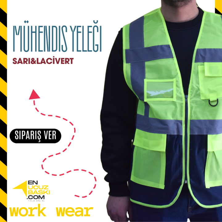 Baskılı Mühendis İkaz Yeleği Sarı - Lacivert - İş Kıyafeti
