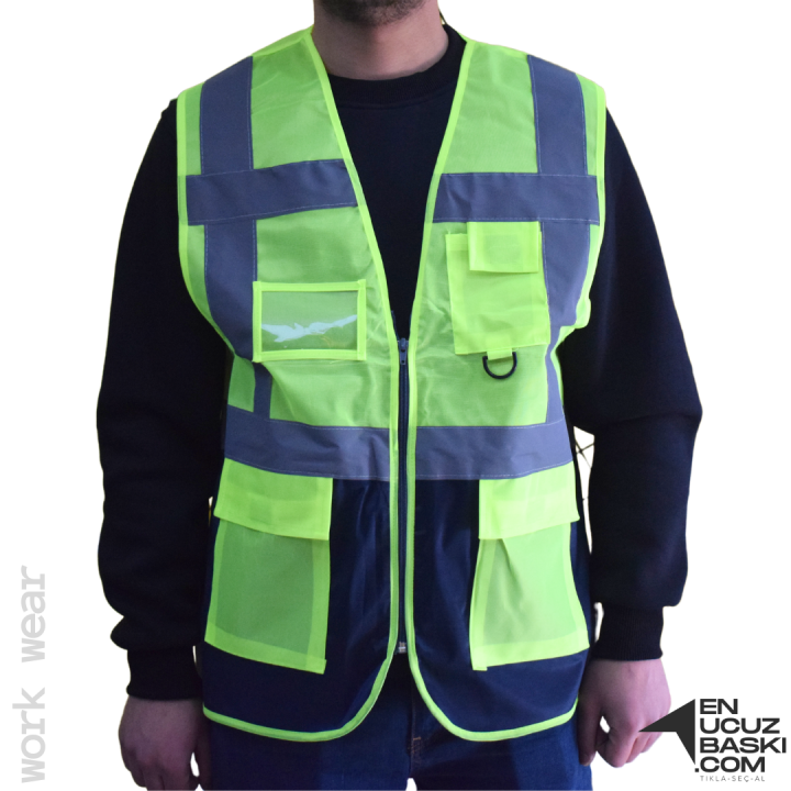 Baskılı Mühendis İkaz Yeleği Sarı - Lacivert - İş Kıyafeti