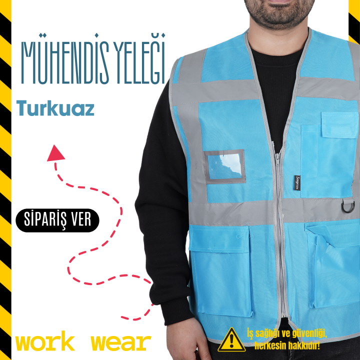 Baskılı Mühendis İkaz Yeleği Turkuaz - İş Kıyafeti