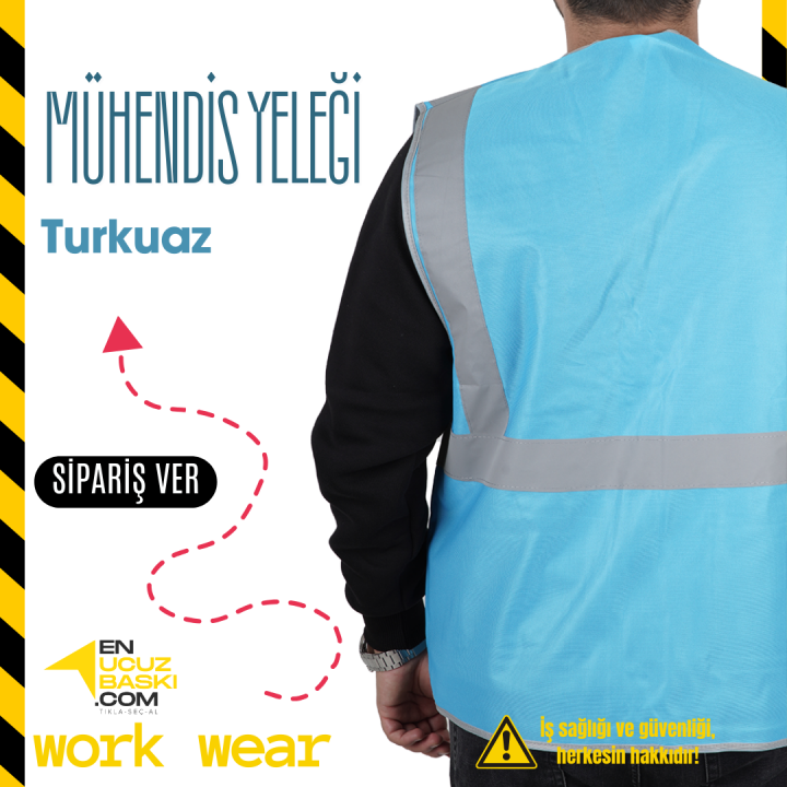 Baskılı Mühendis İkaz Yeleği Turkuaz - İş Kıyafeti
