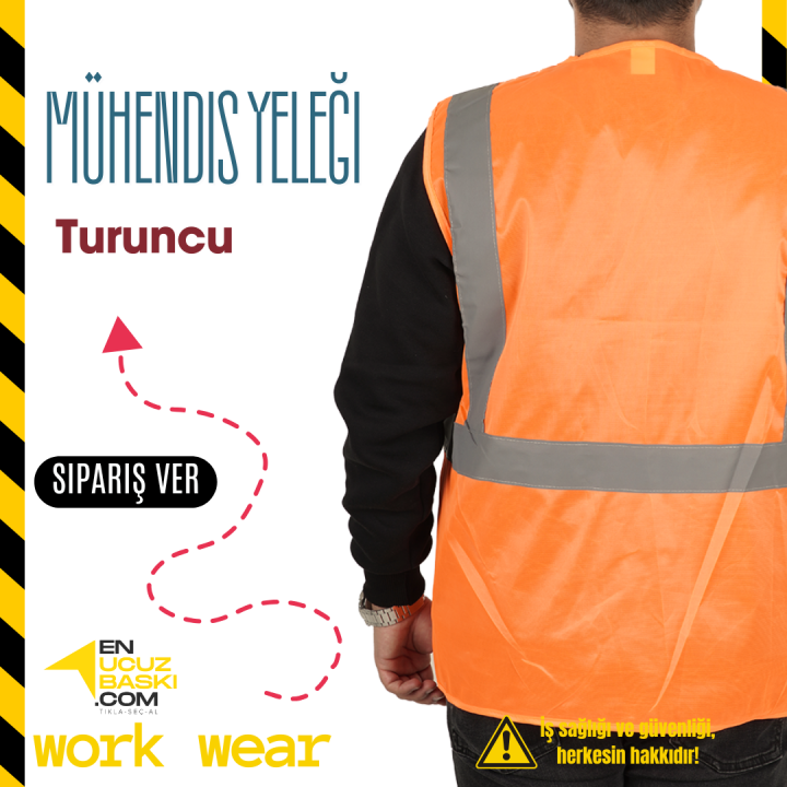 Baskılı Mühendis İkaz Yeleği Turuncu - İş Kıyafeti