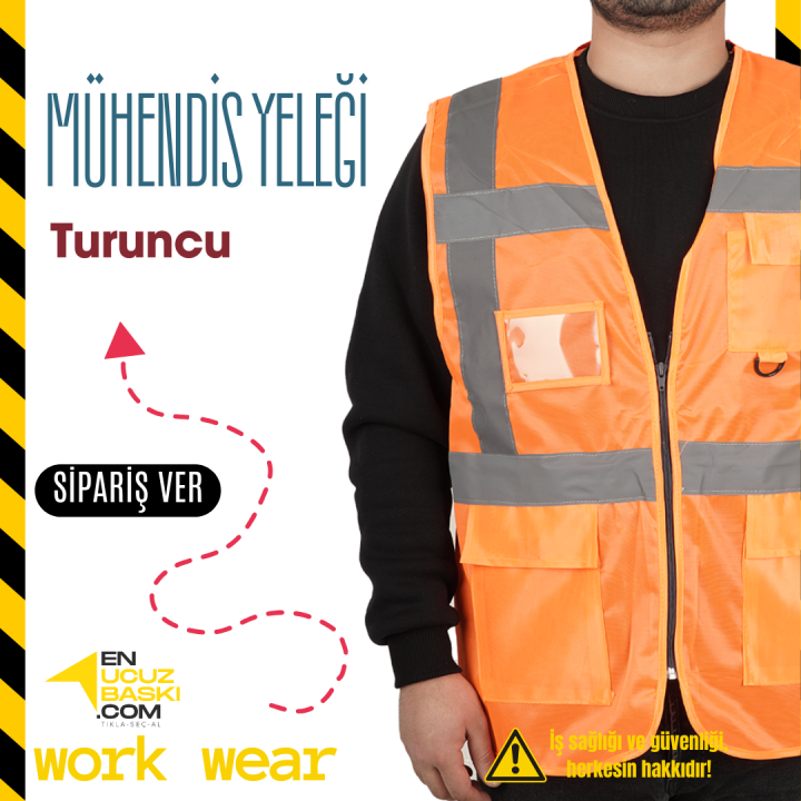 Baskılı Mühendis İkaz Yeleği Turuncu - İş Kıyafeti