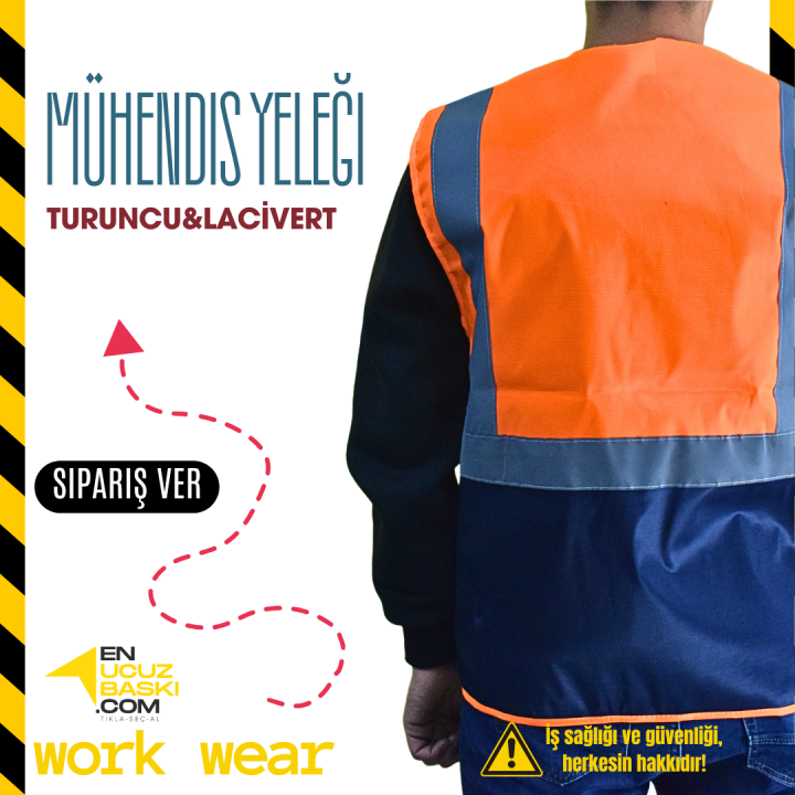 Baskılı Mühendis İkaz Yeleği Turuncu - Lacivert - İş Kıyafeti