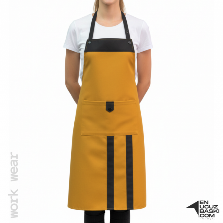 Baskılı Mutfak Aşçı Önlük Sarı - Siyah - İş Kıyafeti