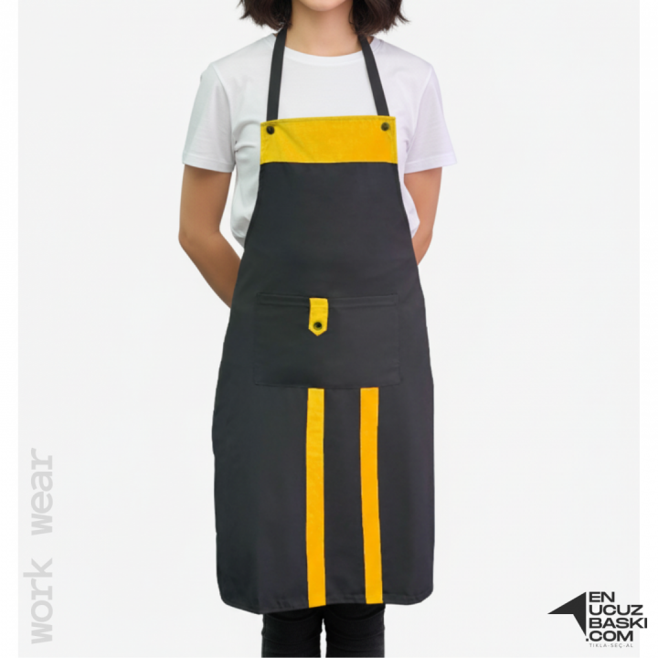 Baskılı Mutfak Aşçı Önlük Siyah - Sarı - İş Kıyafeti